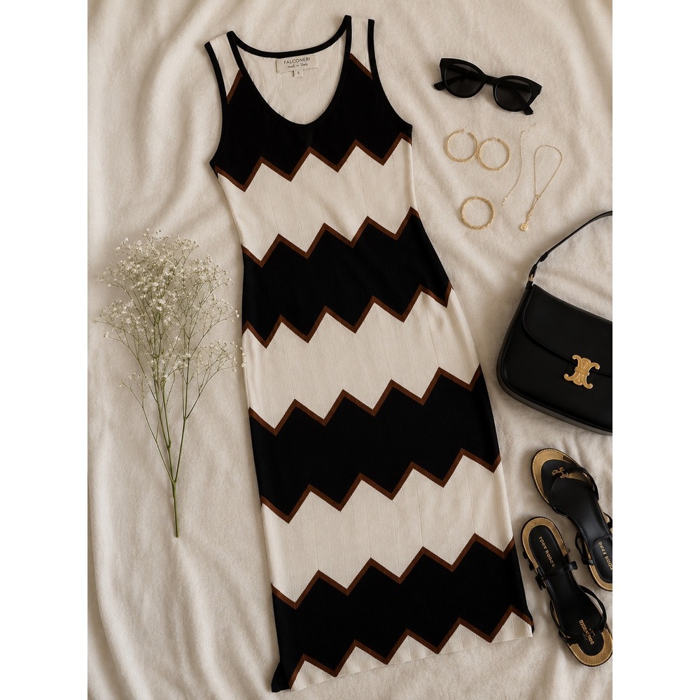 Falconeri Italian Knit Chevron Zigzag Sleeveless Midi Dress Black Cream Brown S